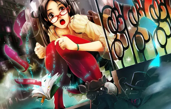 Girl, the city, emotions, magic, cats, glasses, book