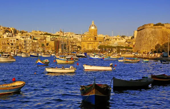 The sky, boat, home, Bay, Cathedral, fortress, the dome, Malta