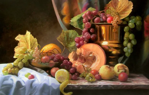 Leaves, berries, table, apples, picture, bowl, grapes, fabric