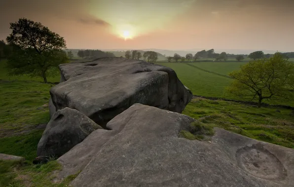Field, sunset, stones