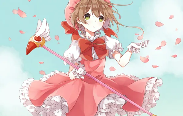 The sky, wings, angel, petals, girl, Card Captor Sakura, Sakura - collector cards