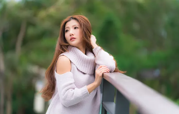 Picture girl, hair, railings, Asian, sweater, bokeh