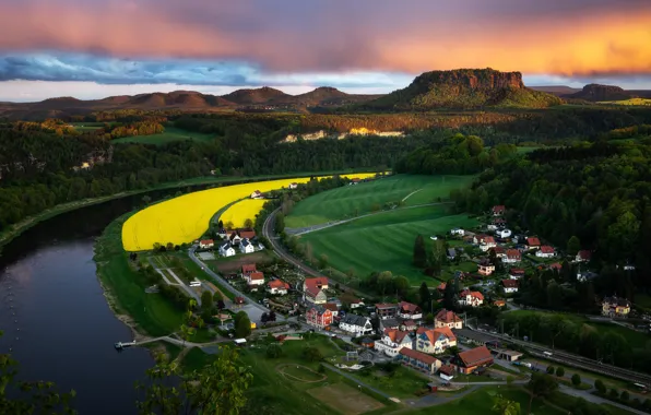 Picture sunset, Elbe, Elbe Sandstone mountains, saxonian switzerland