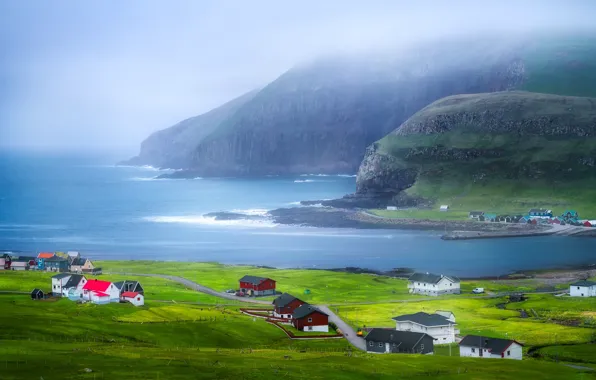 Sea, mountains, fog, rocks, shore, houses, Faroe Islands, The Faroe Islands