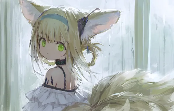 Fox, baby, green eyes, big ears, bangs, tattoo on shoulder, sideways, fox girl