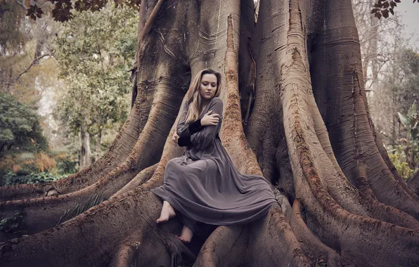 Girl, nature, tree, dress, sitting, Kateryna
