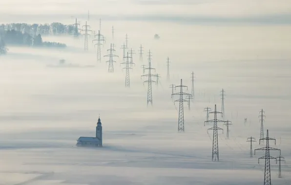 Winter, fog, temple, Slovenia, power lines