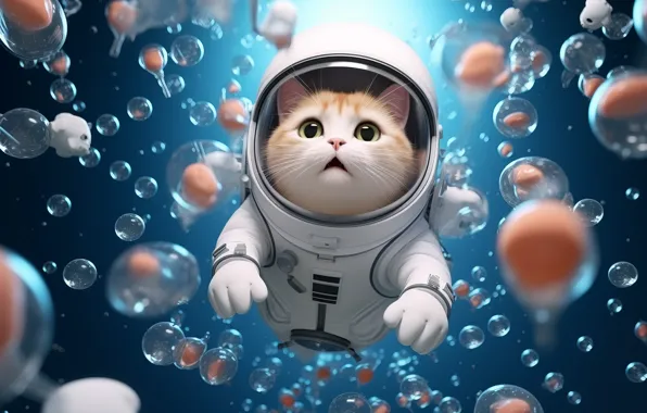 Cat, cat, look, glass, space, flight, pose, bubbles