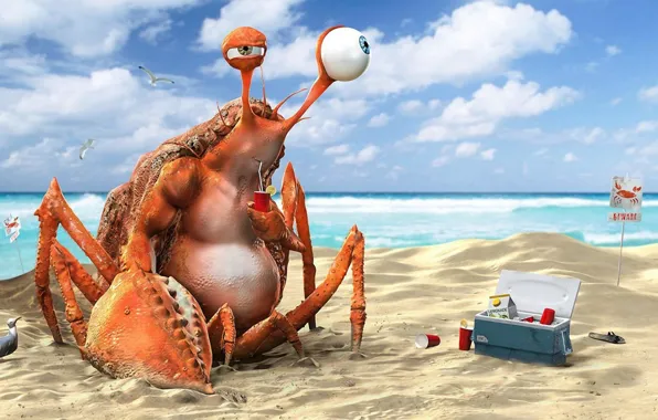 Beach, water, the ocean, crab, drink, lemonade, funny, 3D Art