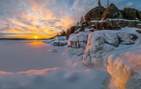 Winter, the sky, snow, sunset, river, frost, Ladoga, Fedor Lashkov