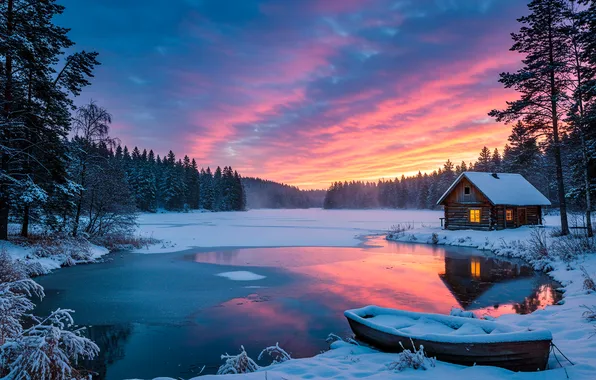 Winter, sunset, lake, wallpaper, hut, sunset, winter, lake