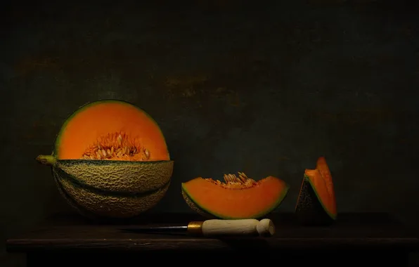 The dark background, table, knife, pumpkin, fruit, still life, slices, melon