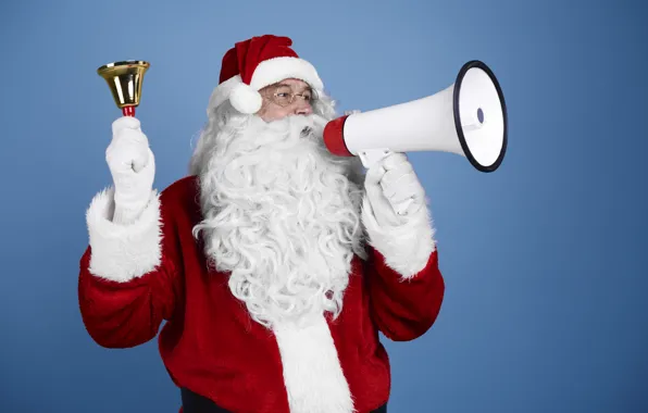 Christmas, New year, Santa Claus, Santa Claus, bell, blue background, loudspeaker, mouthpiece