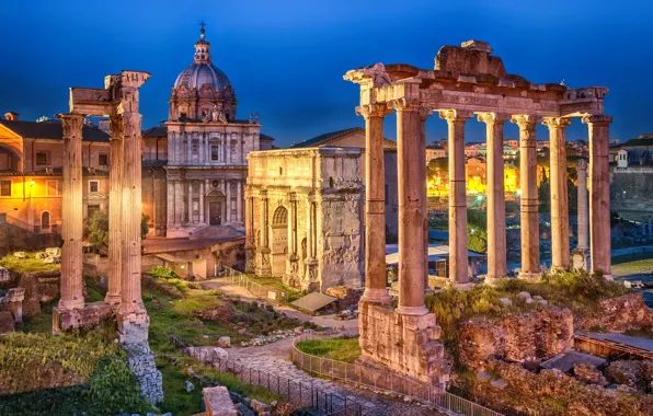 Night, lights, Rome, lights, Italy, the ruins, architecture, Italy