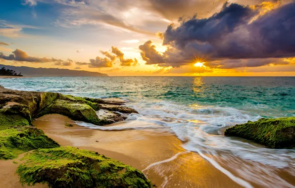 Picture waves, beach, sea, sunset, clouds, sand, tide, wild beach