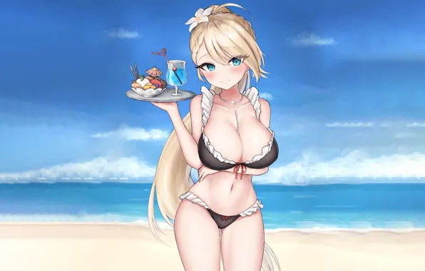 Picture sexy, beach, long hair, sea, boobs, anime, blue eyes, beautiful