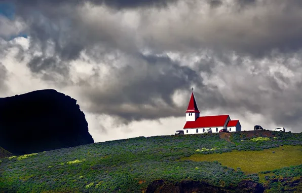 Clouds, flowers, mountains, hills, village, meadow, Church, Iceland