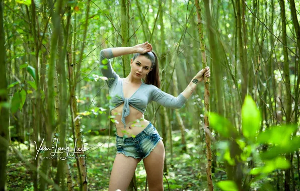 Greens, forest, leaves, trees, model, shorts, makeup, figure