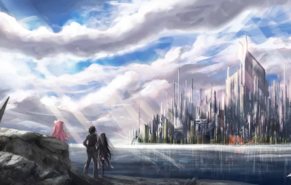 Picture the sky, clouds, light, the city, girls, anime, art, guy