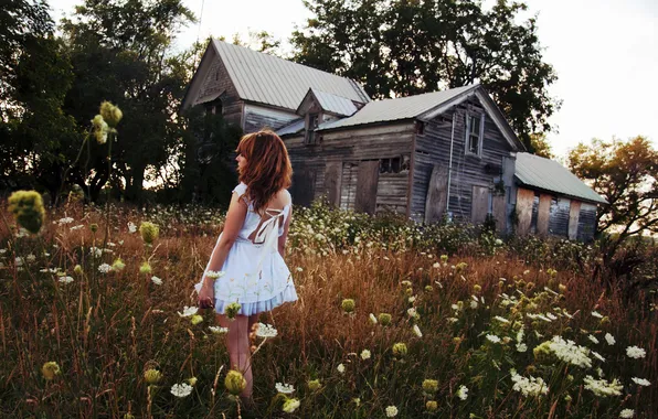 Picture field, girl, house