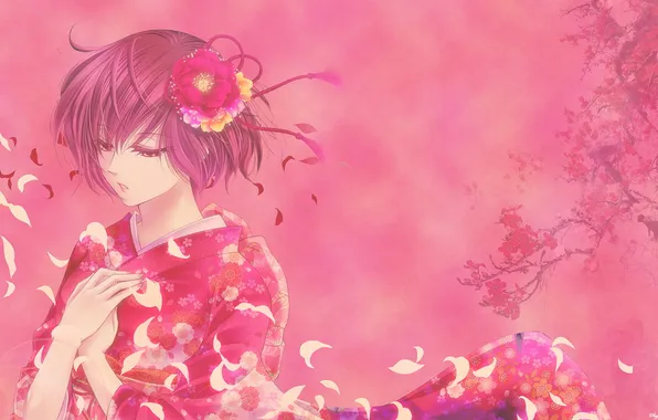 Girl, flowers, the wind, pink, petals, Sakura, kimono