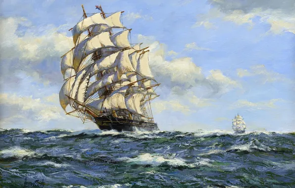 Sea, landscape, ship, space, sail, Henry Scott, wave. the wind, The Clipper Leander in Full …