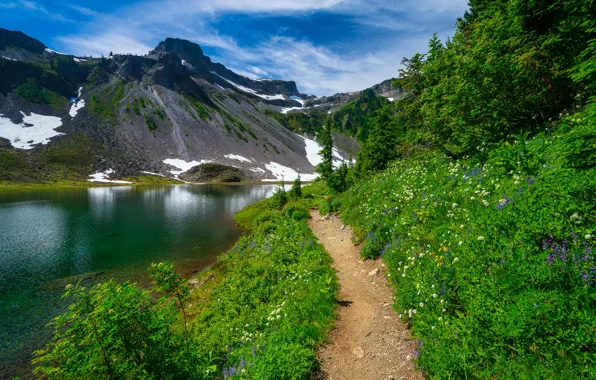 Picture mountains, lake, path, The cascade mountains, Washington State, Cascade Range, Washington, Bagli Lake