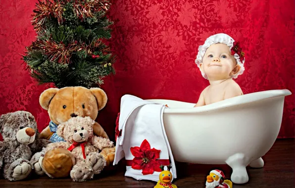 Picture toy, girl, bath, tree, cap, baby, child, Teddy bear