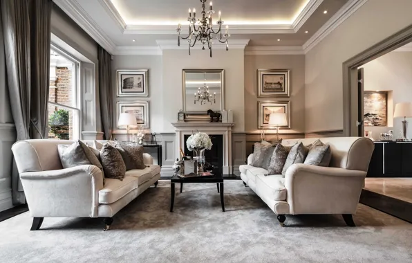 Picture room, furniture, interior, mirror, chandelier, fireplace, living room