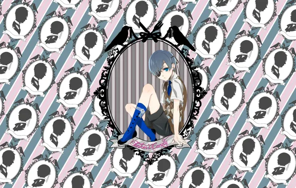 Strips, shorts, boy, frame, silhouette, tie, birds, oval