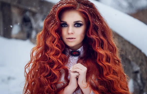 Picture look, girl, snow, portrait, hands, red, redhead, long hair