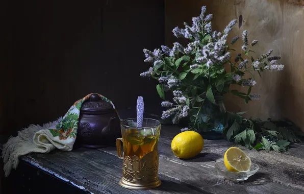 Flowers, glass, table, lemon, tea, towel, bouquet, kettle