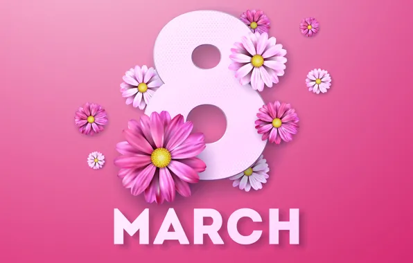 Flowers, pink background, March 8, pink, flowers, women's day, 8 march, women's day
