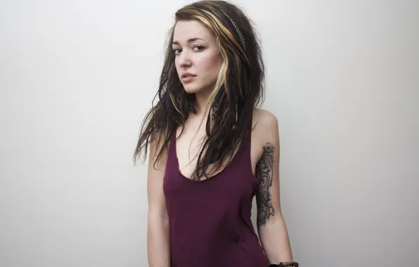 Girl, wall, woman, model, tattoo, brunette, purple, tattoos