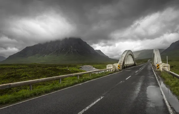 Picture road, mountains, clouds, bridge, Scotland, Scotland