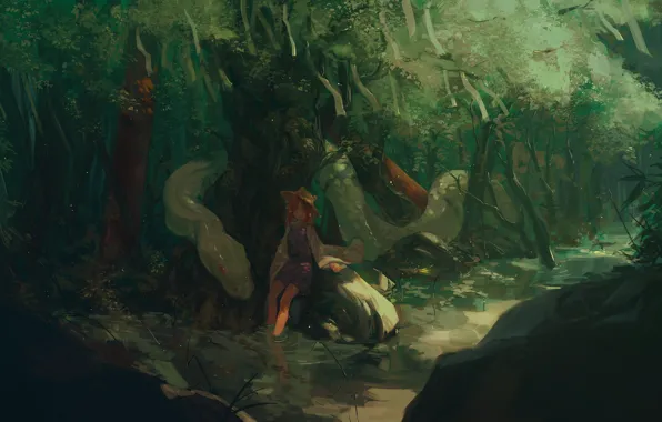 Forest, snake, girl, Touhou Project, Suwako Moriya