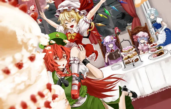 Strawberry, the tea party, sweets, cake, red, cap, in the room, delight