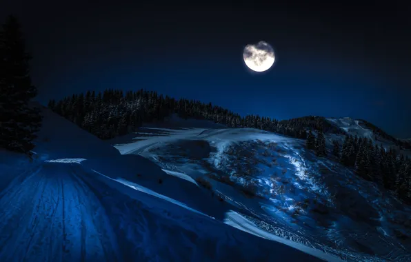 Winter, snow, landscape, mountains, night, the moon, Austria, the full moon