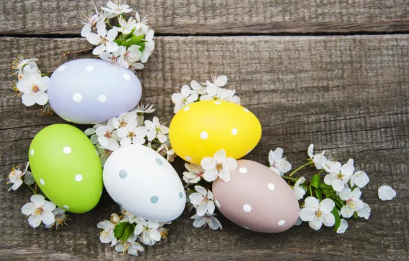 Picture flowers, eggs, colorful, Easter, happy, wood, blossom, flowers