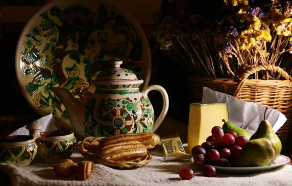 The dark background, food, bouquet, cheese, kettle, grapes, the tea party, Cup
