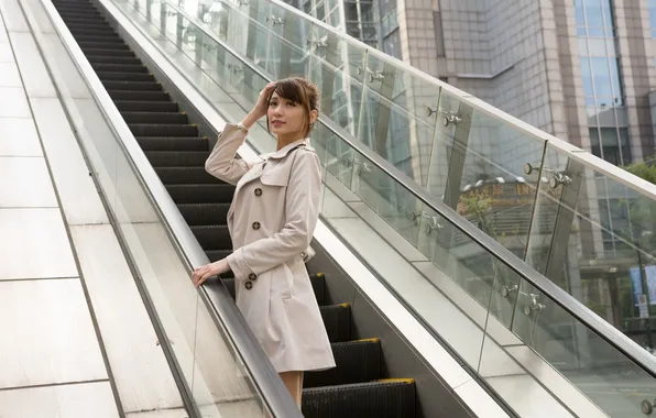 Asian, beauty, cloak, gesture, cutie, escalator, asian, cutie