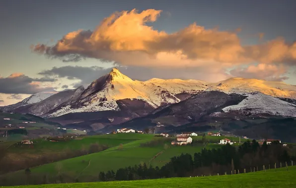 Picture the sky, clouds, mountains, field, valley, village