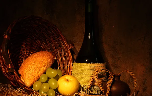 Wine, basket, bottle, Apple, bread, grapes, pitcher