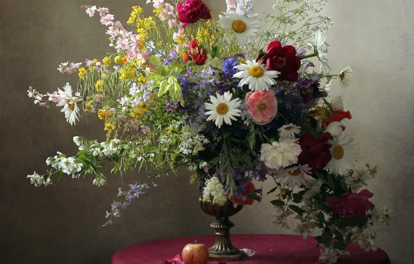 Picture apples, Maki, chamomile, bouquet, peonies, Jasmine