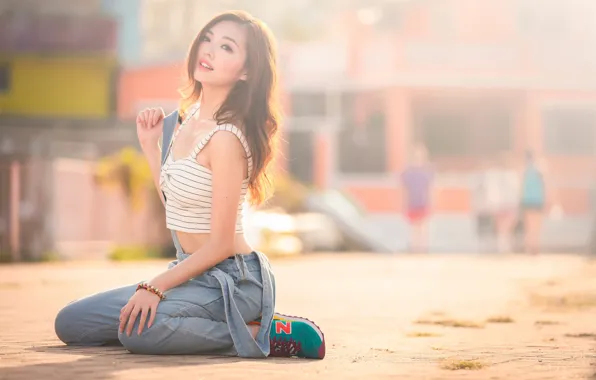 Picture jeans, sneakers, Oriental girl, Chole Leung