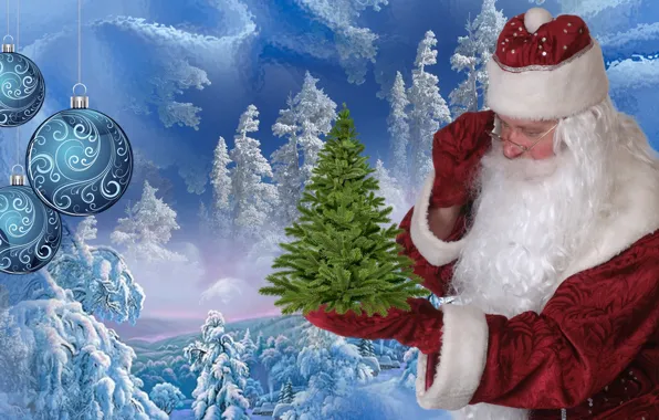 Winter, snow, tree, new year, Santa Claus