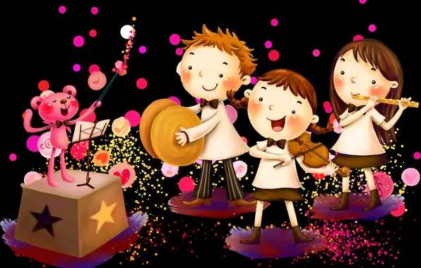 Children, music, the game, group, bear, instrumento, rhythm, rhythm