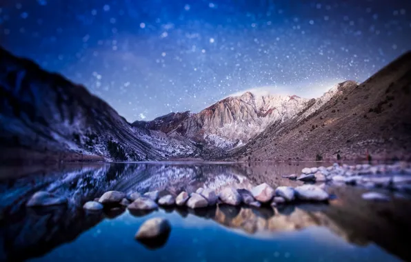 Mountains, night, morning, USA, bokeh, tilt shift, Convict Lake, Sierra Nevada in California