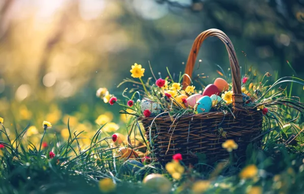 Flowers, holiday, eggs, spring, Easter, basket, painted, eggs