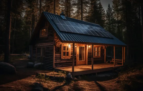 Forest, light, trees, landscape, night, nature, house, view